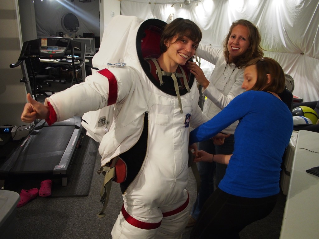 Lucie tries on the University of Maryland MX-C suit.