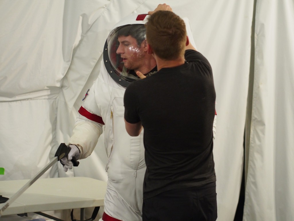 Preparing Commander Stedman for an EVA